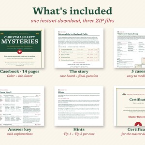 May include: A digital download set titled Christmas Party Mysteries containing three ZIP files. The set includes a 14-page casebook, a story board with final questions, five case sheets, an answer key with explanations, hint sheets, and a Master Detective certificate.