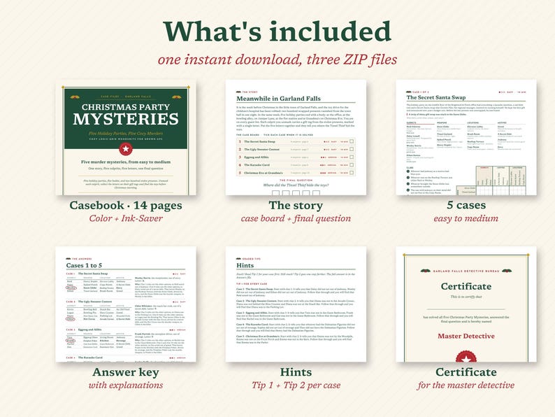 May include: A digital download set titled Christmas Party Mysteries containing three ZIP files. The set includes a 14-page casebook, a story board with final questions, five case sheets, an answer key with explanations, hint sheets, and a Master Detective certificate.