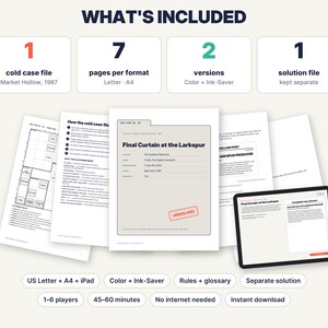 May include: A cold case file game titled Final Curtain at the Larkspur, including 7 pages per format in Letter and A4 sizes, 2 versions in color and ink-saver, and a separate solution file. The set is compatible with iPad and supports 1-6 players.