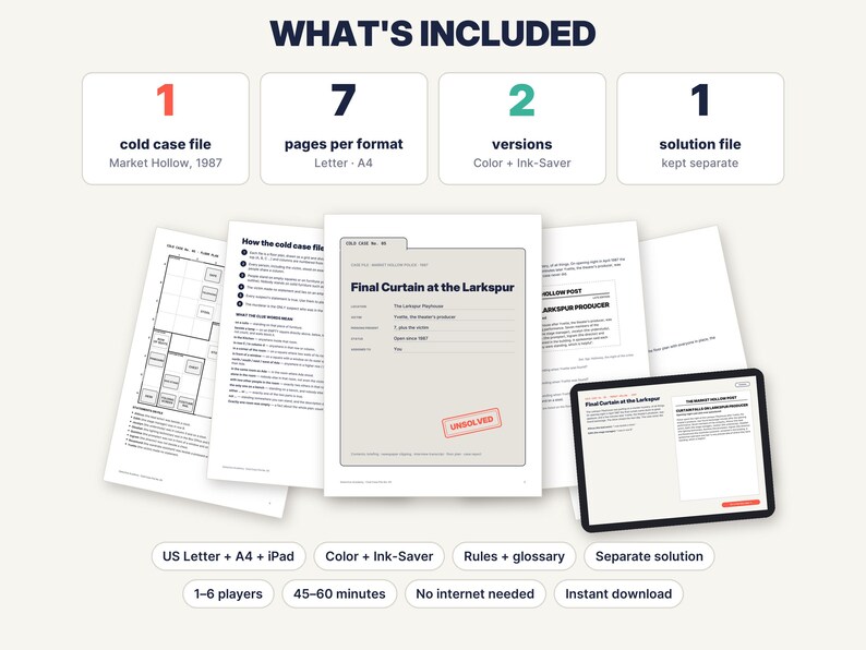 May include: A cold case file game titled Final Curtain at the Larkspur, including 7 pages per format in Letter and A4 sizes, 2 versions in color and ink-saver, and a separate solution file. The set is compatible with iPad and supports 1-6 players.