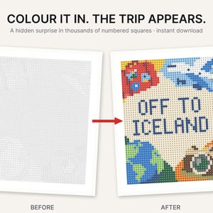 以下が含まれることがあります： COLOUR IT IN. THE TRIP APPEARS.というタイトルの数字塗り絵アクティビティシート。左側は数字が振られたマスのグリッドで、右側はOFF TO ICELANDという文字、飛行機、地球儀が描かれた完成後の画像が表示されています。