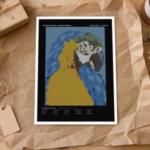 May include: A rectangular print featuring a mosaic-style portrait composed of 4212 hexagons in 18 colors. The image displays a figure in a yellow garment against a blue background. Text at the top reads MYSTERY PORTRAIT FOR KNIT HUMANS.