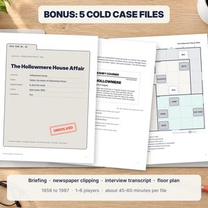 May include: A mystery game set titled The Hollowmere House Affair featuring a case file folder, a newspaper clipping, an interview transcript, and a floor plan. The documents are printed on white paper with black text and include a red Unsolved stamp.