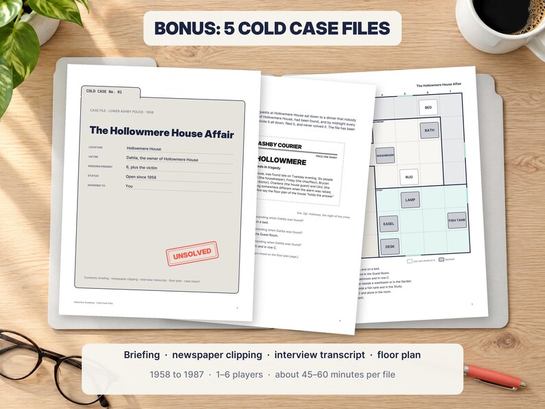 May include: A mystery game set titled The Hollowmere House Affair featuring a case file folder, a newspaper clipping, an interview transcript, and a floor plan. The documents are printed on white paper with black text and include a red Unsolved stamp.