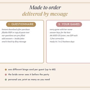 May include: An informational graphic with the text Made to order delivered by message. It outlines a two-step process for custom games, including a questionnaire for instant download and game delivery via Etsy message, plus notes on bingo cards.