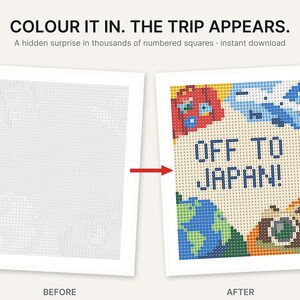 May include: A color-by-number activity sheet featuring the text COLOUR IT IN. THE TRIP APPEARS. A hidden surprise in thousands of numbered squares. The before image shows a blank grid, while the after image reveals a colorful design with the text OFF TO JAPAN!