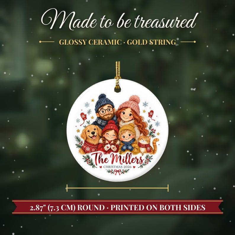 Family Christmas Ornament 2026 from Photo, 2 Sided Custom Cartoon Portrait with Pets and Names, Family of 4 5 6, Keepsake for Grandparents bild 8
