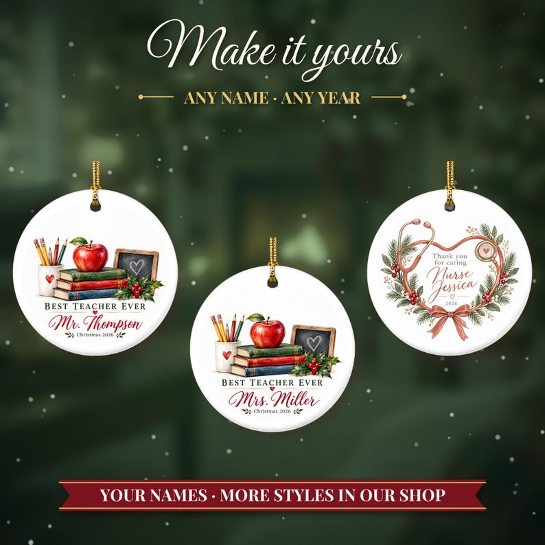 Teacher Ornament 2026, Best Teacher Ever Christmas Keepsake with Name, Apple and Books, Appreciation Gift from Student image 3
