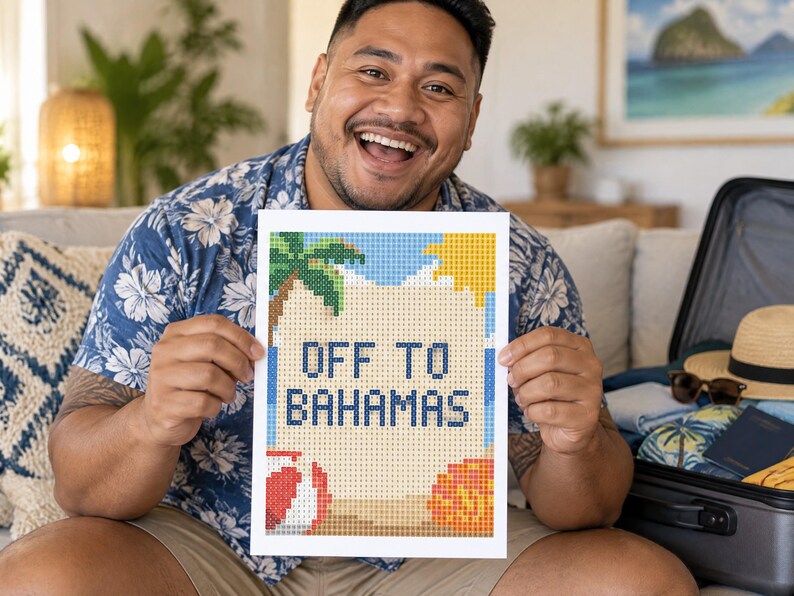 May include: A rectangular diamond painting craft project featuring a pixelated beach scene with a palm tree, a yellow sun, a red and white beach ball, and an orange seashell. The text OFF TO BAHAMAS is printed in dark blue block letters in the center.