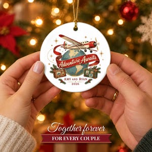 Travel Ornament Christmas 2026, Adventure Awaits Gift for Couple or Family, Airplane Globe Custom Name Keepsake, Wanderlust Ceramic Decor image 8