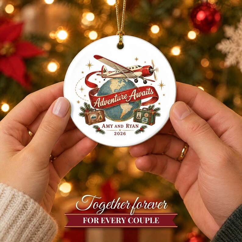 Travel Ornament Christmas 2026, Adventure Awaits Gift for Couple or Family, Airplane Globe Custom Name Keepsake, Wanderlust Ceramic Decor image 8