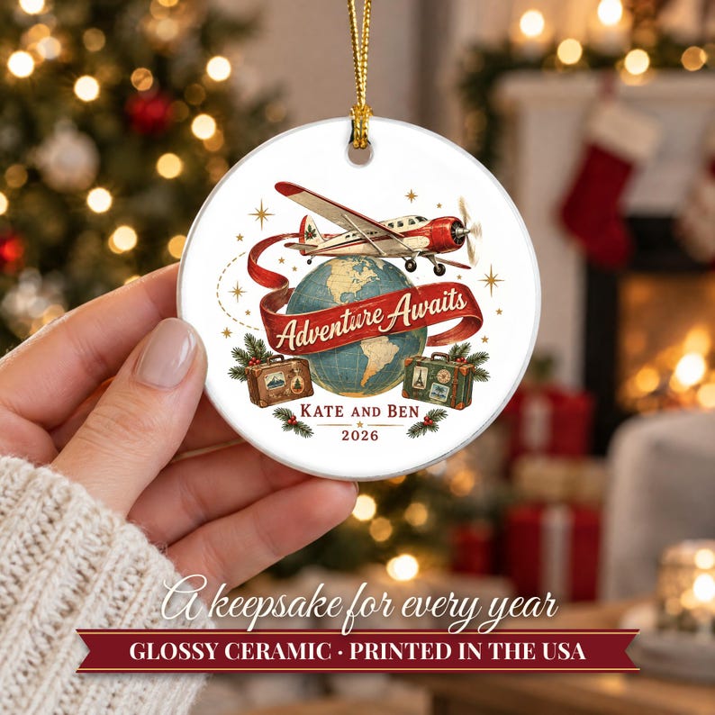 Travel Ornament Christmas 2026, Adventure Awaits Gift for Couple or Family, Airplane Globe Custom Name Keepsake, Wanderlust Ceramic Decor image 12