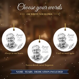 Double Sided Photo Memorial Christmas Ornament, Hand Drawn Portrait Sketch, In Loving Memory Keepsake, Loss of Loved One Gift image 7