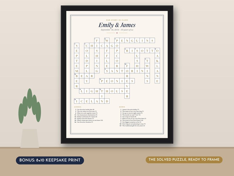 May include: A framed crossword puzzle print titled Our Story in Glass featuring the names Emily & James and the date September 14, 2016. The puzzle includes words like Penguins, Chicago, Risotto, Santorini, Peonies, Lighthouse, and Iceland.