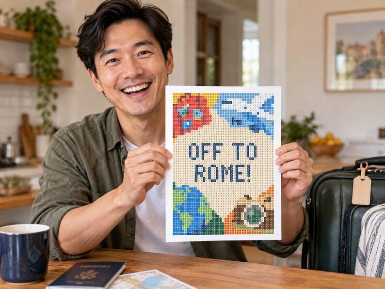 May include: A rectangular diamond painting craft project featuring a pixelated design with the text OFF TO ROME! in dark blue. The artwork includes colorful icons of a globe, a camera, a suitcase, and an airplane against a light beige background.