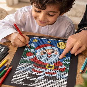 May include: A diamond painting kit featuring a colorful Santa Claus design on a black adhesive sheet. The image shows a partially completed mosaic of Santa with a red hat, white beard, and yellow belt buckle, surrounded by scattered colored pencils.