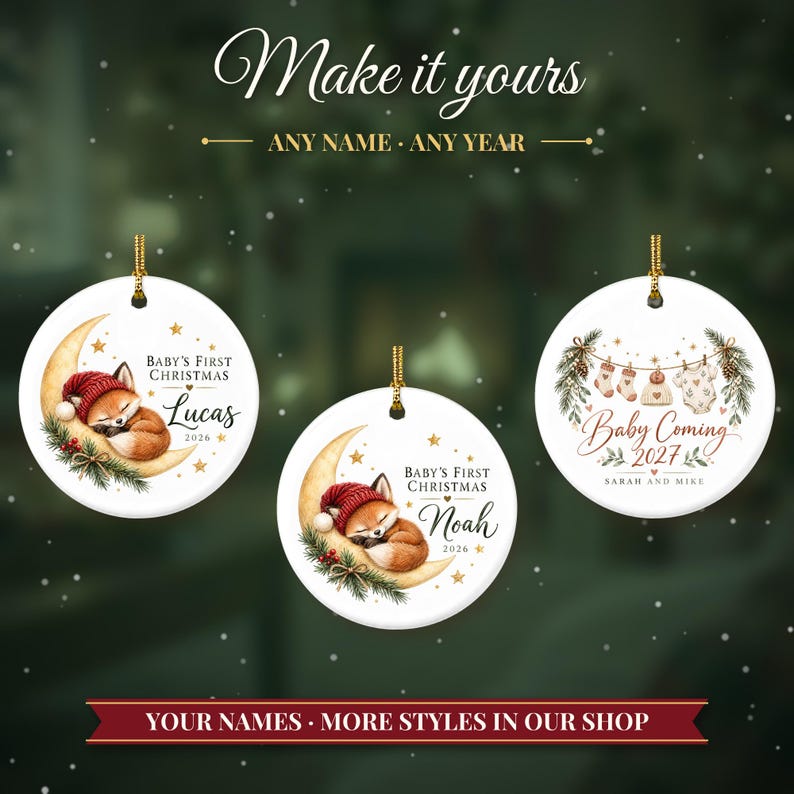 Baby First Christmas Ornament 2026, Woodland Fox on the Moon Keepsake with Name, Newborn Gift for New Parents, Nursery Decor immagine 3