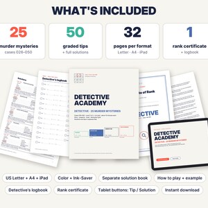 May include: A Detective Academy game set including 25 murder mystery cases, 50 graded tips, 32 pages per format, and a rank certificate. The set features a logbook, solution pages, and a tablet display. Text includes WHAT'S INCLUDED, DETECTIVE ACADEMY, and various format labels like US Letter, A4, and iPad.