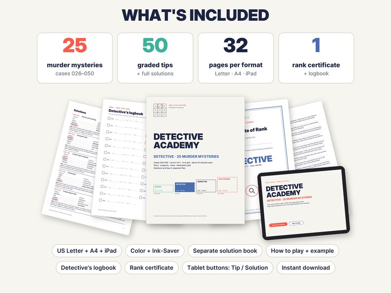 May include: A Detective Academy game set including 25 murder mystery cases, 50 graded tips, 32 pages per format, and a rank certificate. The set features a logbook, solution pages, and a tablet display. Text includes WHAT'S INCLUDED, DETECTIVE ACADEMY, and various format labels like US Letter, A4, and iPad.