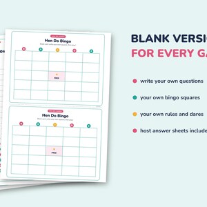 May include: A set of printable Hen Do Bingo game sheets with blank grids. The text reads "Hen Do Bingo", "FREE", "BLANK VERSIONS FOR EVERY GAME", "write your own questions", "your own bingo squares", "your own rules and dares", and "host answer sheets included".