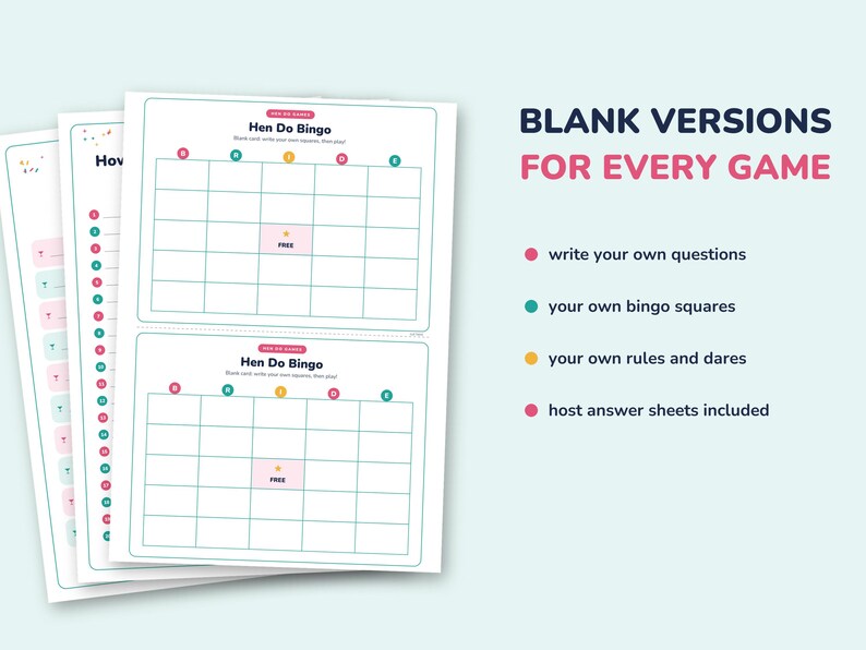 May include: A set of printable Hen Do Bingo game sheets with blank grids. The text reads "Hen Do Bingo", "FREE", "BLANK VERSIONS FOR EVERY GAME", "write your own questions", "your own bingo squares", "your own rules and dares", and "host answer sheets included".