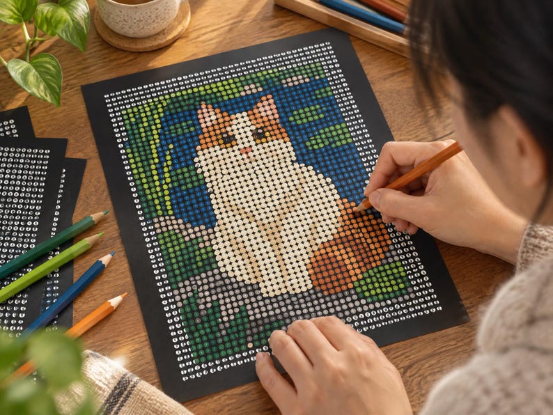 K&ouml;nnte beinhalten: Ein Malen-nach-Zahlen-Arbeitsblatt mit einer Illustration einer Gl&uuml;ckskatze, die aus einem Raster nummerierter Kreise besteht. Die Katze ist wei&szlig;, orange und braun und vor einem Hintergrund aus gr&uuml;nen und blauen Kreisen dargestellt.