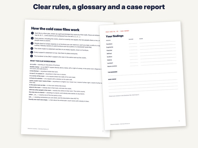 May include: Two white paper sheets featuring black text and a red header. The left sheet is titled How the cold case files work and lists rules and clue definitions. The right sheet is titled Your findings and includes a table for suspect names.
