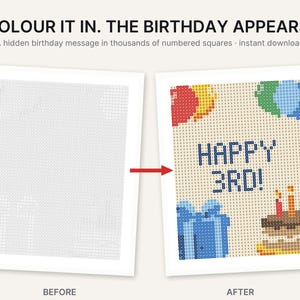 Puede incluir: Una hoja de actividades de colorear por n&uacute;meros con el texto COLOUR IT IN. THE BIRTHDAY APPEARS. A hidden birthday message in thousands of numbered squares. La imagen antes muestra una cuadr&iacute;cula de n&uacute;meros, mientras que la imagen despu&eacute;s revela un pastel de cumplea&ntilde;os, globos y el texto HAPPY 3RD!