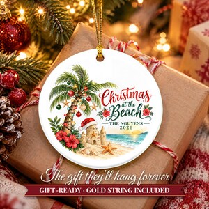 Beach Christmas Ornament 2026, Coastal Family Vacation Keepsake, Holidays at the Beach Custom Name Decor, Palm Tree Starfish Ceramic Gift 画像 11