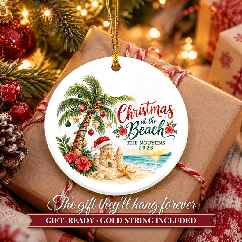 Beach Christmas Ornament 2026, Coastal Family Vacation Keepsake, Holidays at the Beach Custom Name Decor, Palm Tree Starfish Ceramic Gift 画像 11