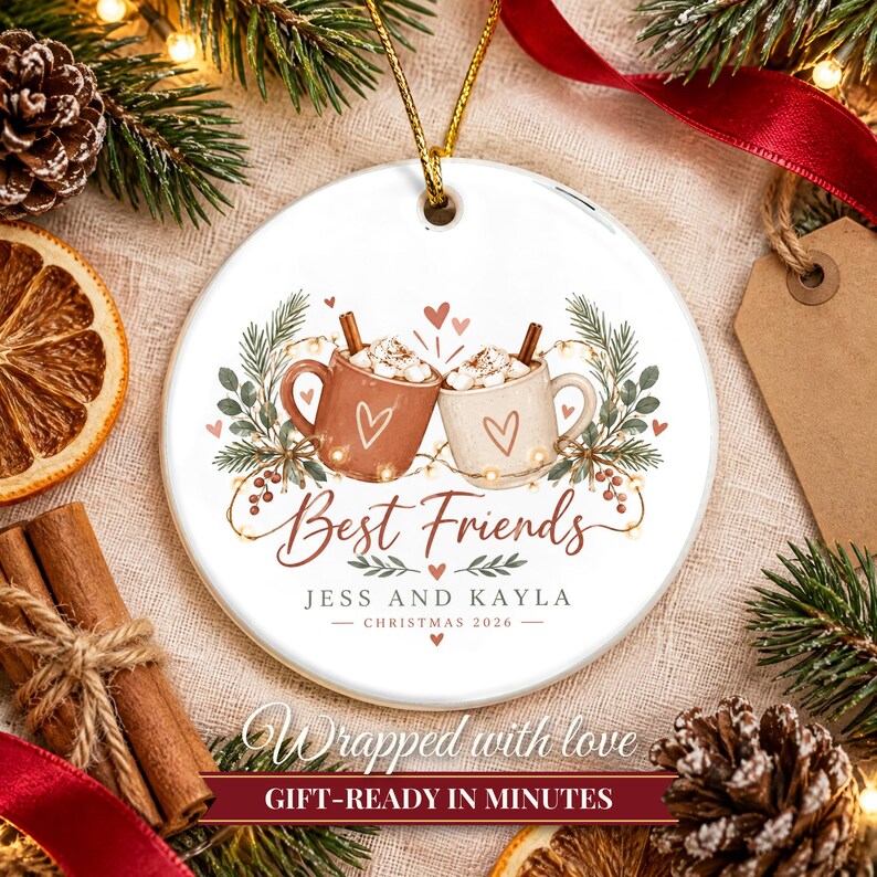 Best Friend Ornament Christmas 2026, Friendship Gift for Her, Besties Two Names Keepsake, Hot Cocoa Mugs Soul Sister Ceramic Tree Decor image 10