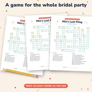 May include: Three identical white paper sheets featuring a crossword puzzle titled Mia's Last Fling, May 2027 Nashville. The game includes numbered clues for across and down, with a yellow pencil placed diagonally across the bottom left corner.