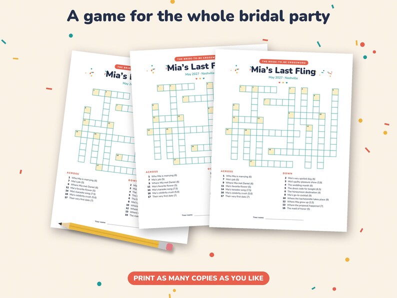 May include: Three identical white paper sheets featuring a crossword puzzle titled Mia's Last Fling, May 2027 Nashville. The game includes numbered clues for across and down, with a yellow pencil placed diagonally across the bottom left corner.