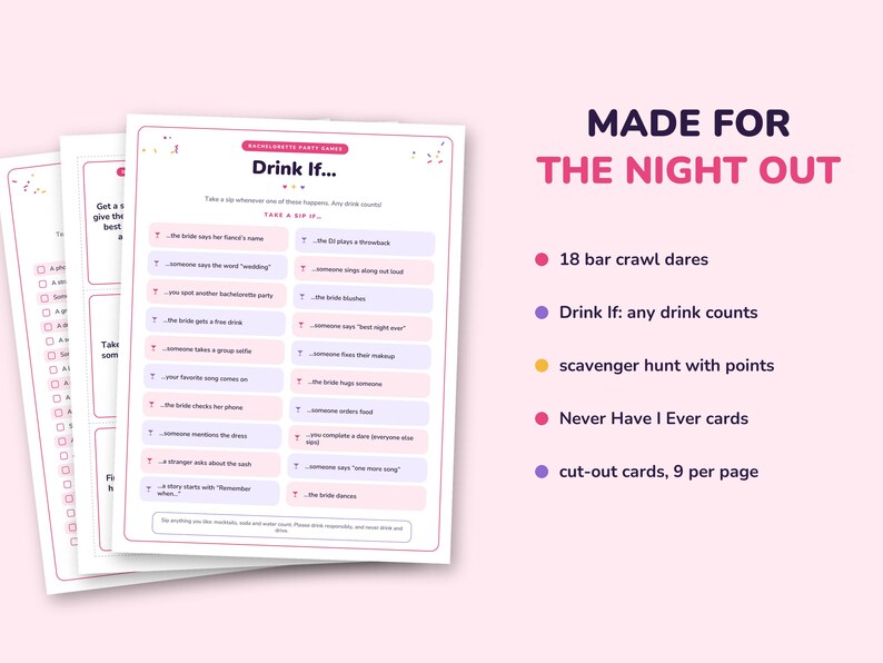 Puede incluir: Un conjunto de tarjetas de juego para despedidas de soltera que incluye una hoja de juego Drink If con detalles en rosa y morado. El texto dice MADE FOR THE NIGHT OUT, 18 bar crawl dares, Drink If: any drink counts, scavenger hunt with points, Never Have I Ever cards y cut-out cards, 9 per page.