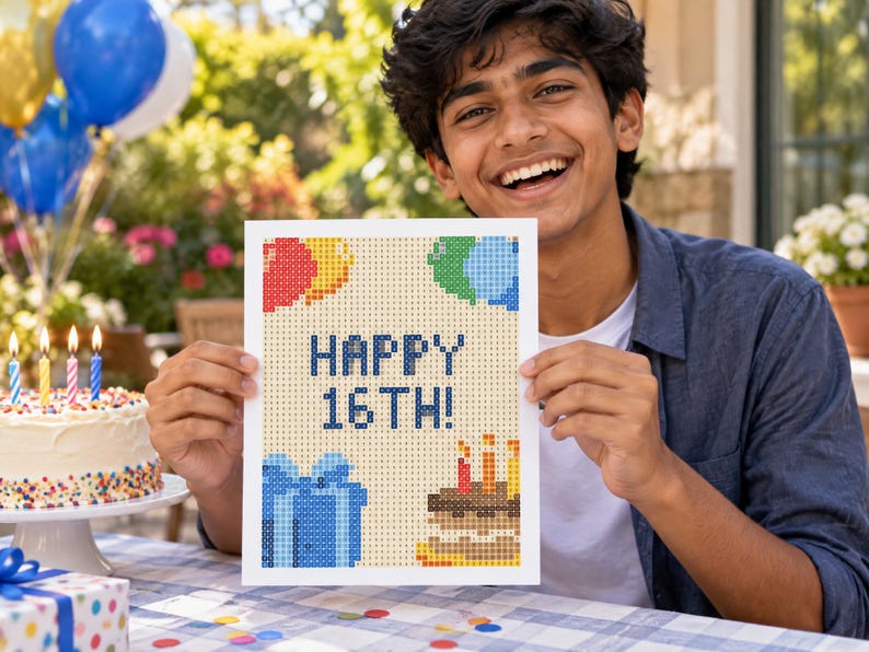 May include: A rectangular sign featuring a pixelated design with the text HAPPY 16TH! in dark blue. The graphic includes red, yellow, green, and blue balloons, a blue gift box with a bow, and a brown birthday cake with lit candles.