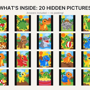 K&ouml;nnte beinhalten: Ein Raster aus 20 bunten Cartoon-Dinosaurier-Illustrationen mit dem Text WHAT'S INSIDE: 20 HIDDEN PICTURES und Answers included &mdash; no peeking! Jedes Quadrat zeigt eine andere pr&auml;historische Kreatur in einer lebendigen Landschaft mit Palmen und Sonnen.
