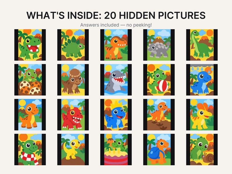 K&ouml;nnte beinhalten: Ein Raster aus 20 bunten Cartoon-Dinosaurier-Illustrationen mit dem Text WHAT'S INSIDE: 20 HIDDEN PICTURES und Answers included &mdash; no peeking! Jedes Quadrat zeigt eine andere pr&auml;historische Kreatur in einer lebendigen Landschaft mit Palmen und Sonnen.