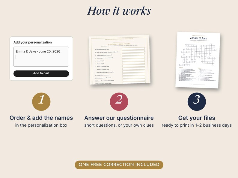 May include: An instructional graphic titled How it works showing three steps for a custom crossword puzzle. Step 1 shows an Add your personalization box with Emma & Jake June 20, 2026. Step 2 shows a questionnaire form. Step 3 shows a completed crossword.