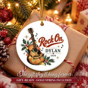 Guitar Ornament Christmas 2026, Guitar Player Gift for Musician, Rock On Custom Name Keepsake, Acoustic Lights Music Lover Ceramic Decor image 11