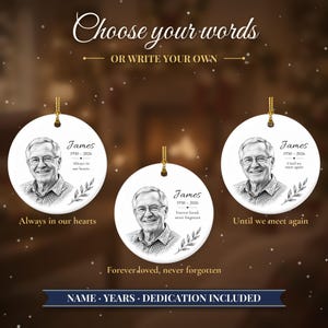 Custom Photo Memorial Christmas Ornament, Hand Drawn Portrait Sketch, In Loving Memory Keepsake, Loss of Loved One, Sympathy Gift zdjęcie 6