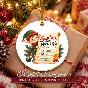 Nice List Ornament Christmas 2026, Santa's Nice List Siblings Names Keepsake, Elf Scroll Custom Kids Gift, Grandkids Ceramic Tree Decor image 11