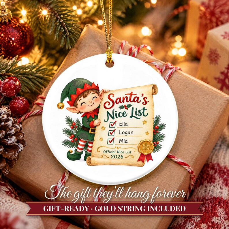Nice List Ornament Christmas 2026, Santa's Nice List Siblings Names Keepsake, Elf Scroll Custom Kids Gift, Grandkids Ceramic Tree Decor image 11