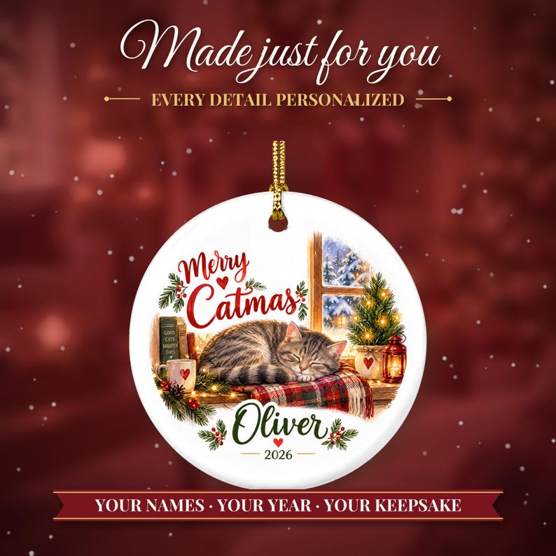 Cat Ornament, Merry Catmas Christmas Ornament with Name, Cat Lover Gift, Cat Mom Gift 2026, Custom Ceramic Pet Keepsake for Her image 2