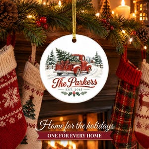 Red Truck Ornament Christmas 2026, Vintage Pickup Family Name Keepsake, Farmhouse Christmas Tree Decor, Est Year Custom Ceramic Gift image 10