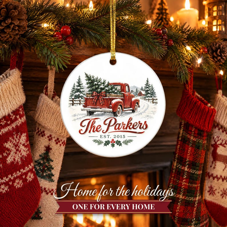 Red Truck Ornament Christmas 2026, Vintage Pickup Family Name Keepsake, Farmhouse Christmas Tree Decor, Est Year Custom Ceramic Gift image 10