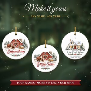 Farm Ornament Christmas 2026, Red Barn Family Name Est Keepsake, Farmhouse Cows Hay Bale Country Decor, Farmer Gift Ceramic Ornament image 3