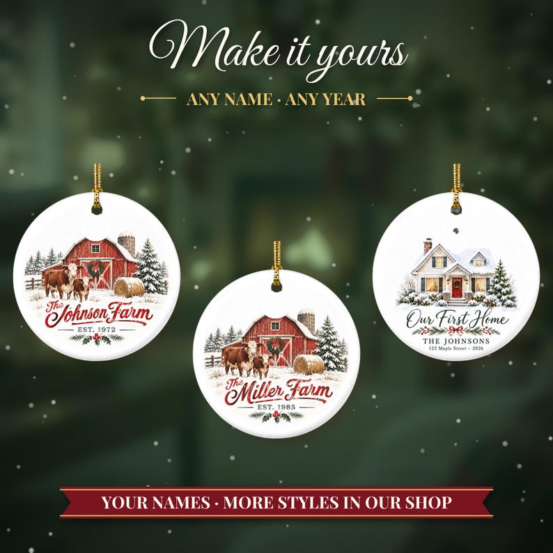 Farm Ornament Christmas 2026, Red Barn Family Name Est Keepsake, Farmhouse Cows Hay Bale Country Decor, Farmer Gift Ceramic Ornament image 3