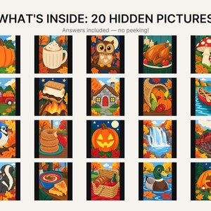 May include: A collection of 20 autumn-themed hidden picture puzzles titled WHAT'S INSIDE: 20 HIDDEN PICTURES. The grid displays colorful illustrations including a pumpkin, hot cocoa, owl, turkey, mushrooms, red truck, s'mores, house, cornucopia, canoe, blue jay, donuts, jack-o'-lantern, waterfall, train, skunk, soup, picnic basket, duck, and tent.