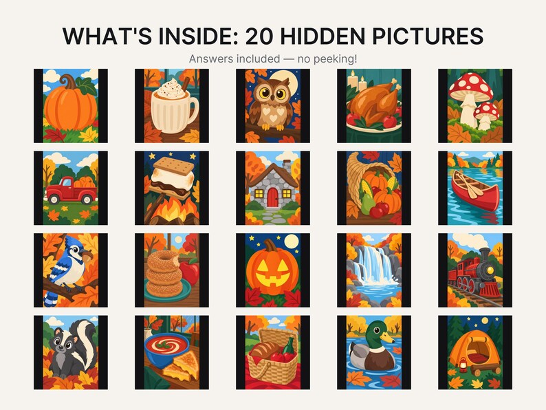 May include: A collection of 20 autumn-themed hidden picture puzzles titled WHAT'S INSIDE: 20 HIDDEN PICTURES. The grid displays colorful illustrations including a pumpkin, hot cocoa, owl, turkey, mushrooms, red truck, s'mores, house, cornucopia, canoe, blue jay, donuts, jack-o'-lantern, waterfall, train, skunk, soup, picnic basket, duck, and tent.