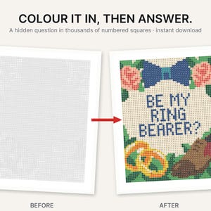 May include: A digital coloring activity featuring a grid of numbered squares that transforms into a colorful design. The finished image displays a blue bow tie, pink flowers, two gold rings, a brown shoe, and the text BE MY RING BEARER?